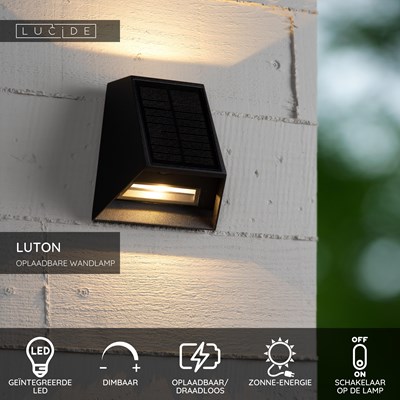 Lucide LUTON - Wandlamp - Zonne-energie - LED Dimb. - 1x2W 2850K/3150K - IP54 - Beweging & dag/nacht sensor - Zwart